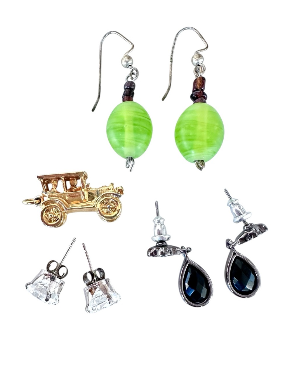 Lot of 3 Pairs of Earrings 2 Drop and One Cubic Zirconia Post Plus One Car Charm